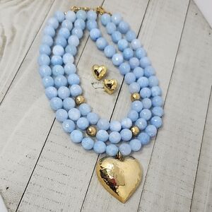 Gold and Blue Beaded Heart Necklace Set